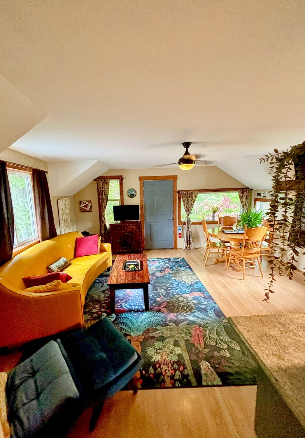The lounge looking through to the dining table and hanging greenery