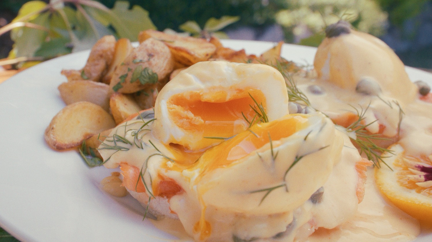 Lox Benedict with lemony hollandaise and dill